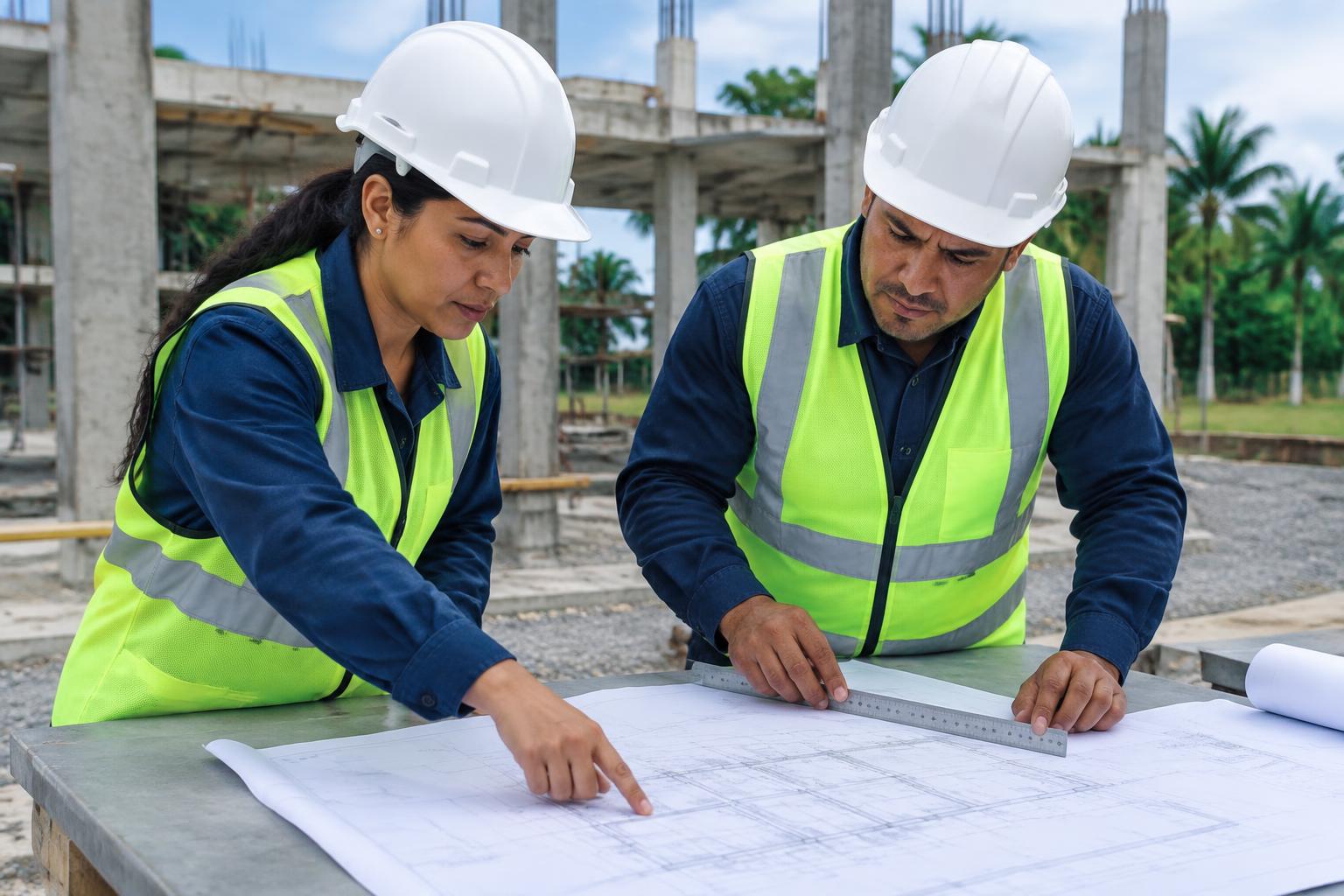 Imagen referencial de dos profesionales revisando planos en una construcción de entorno venezolano