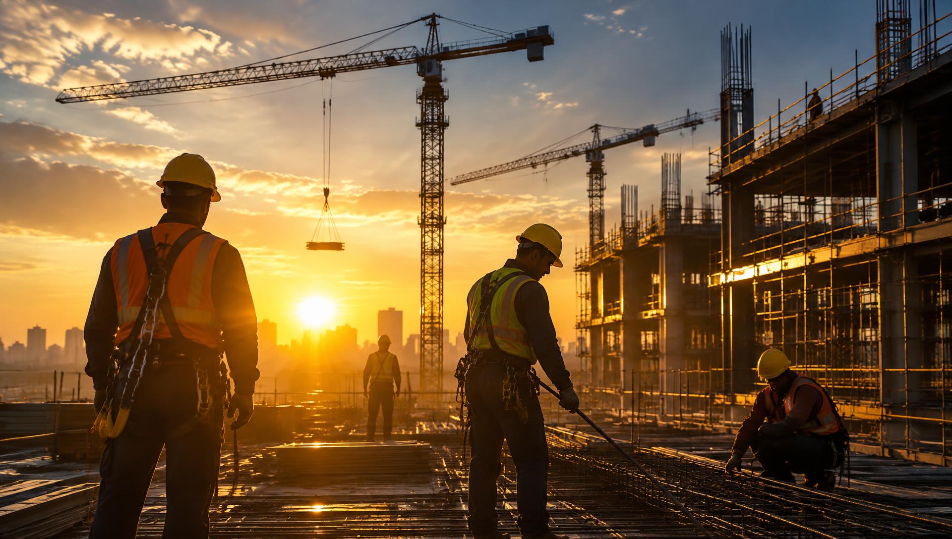 Obreros de construcción al atardecer con grúas y el sol visible